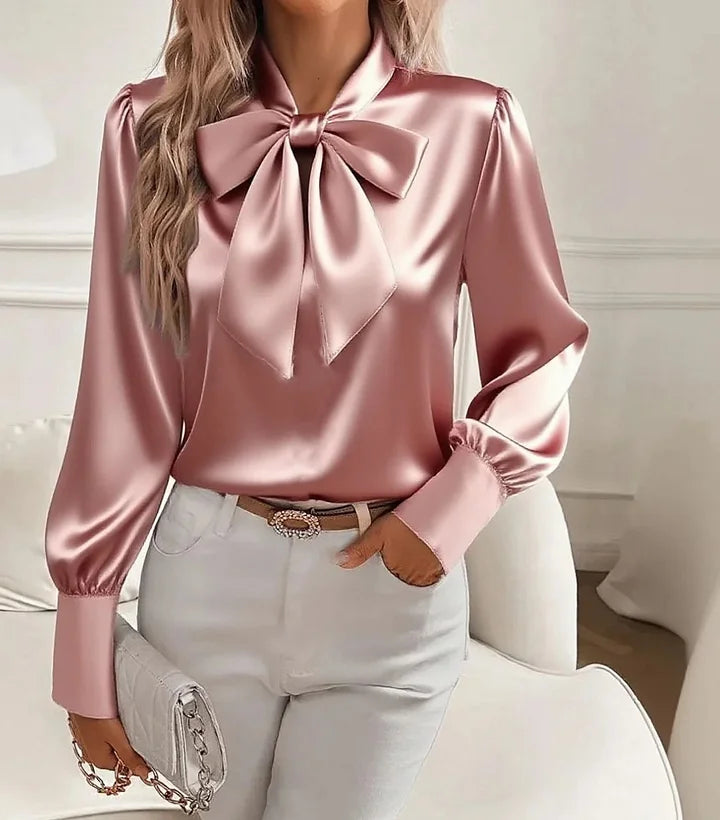 Amelia | Satin Bow-Tie V-Neck Blouse